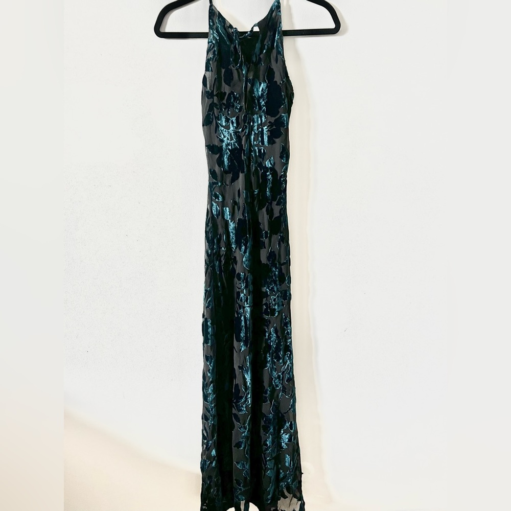 Vintage Teal and Black Floral Velvet Maxi Dress
